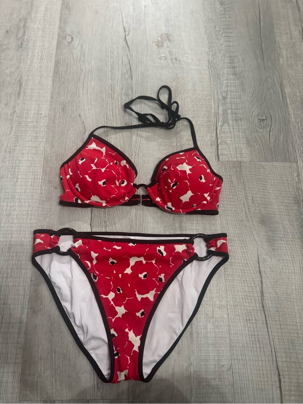 Victoria's Secret Red & White Floral Bikini Set with Black Trim